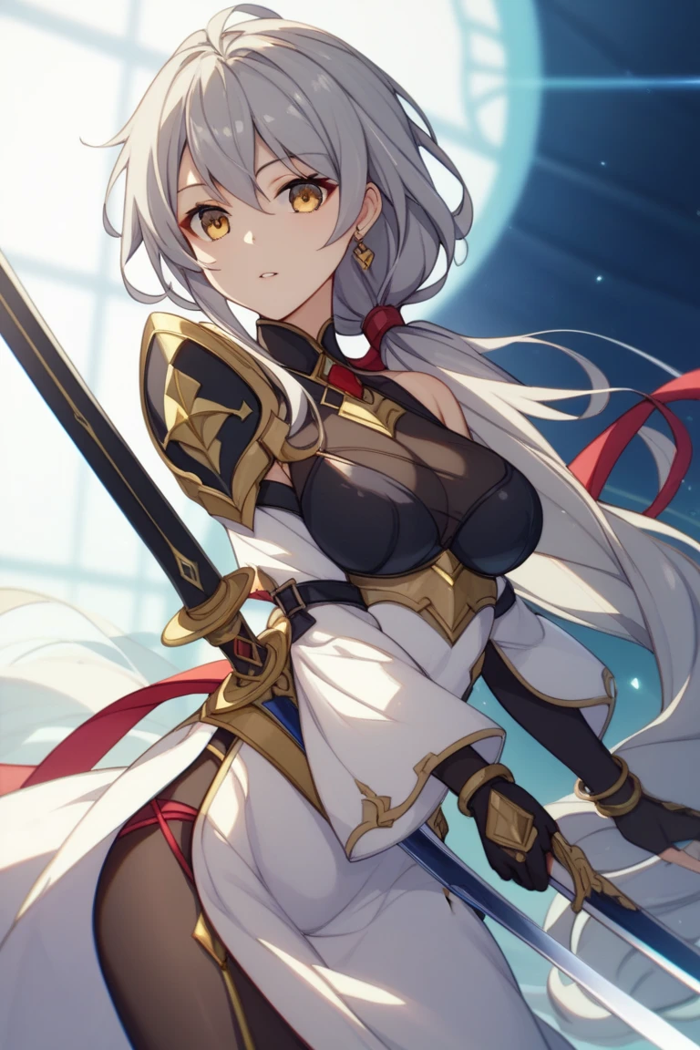 Triumphant eyes、Plump lips、Tempting brown skin、breasts、muscular physique、Silver armor on chest and waist、He has a battle axe in both hands、Japan anime girls