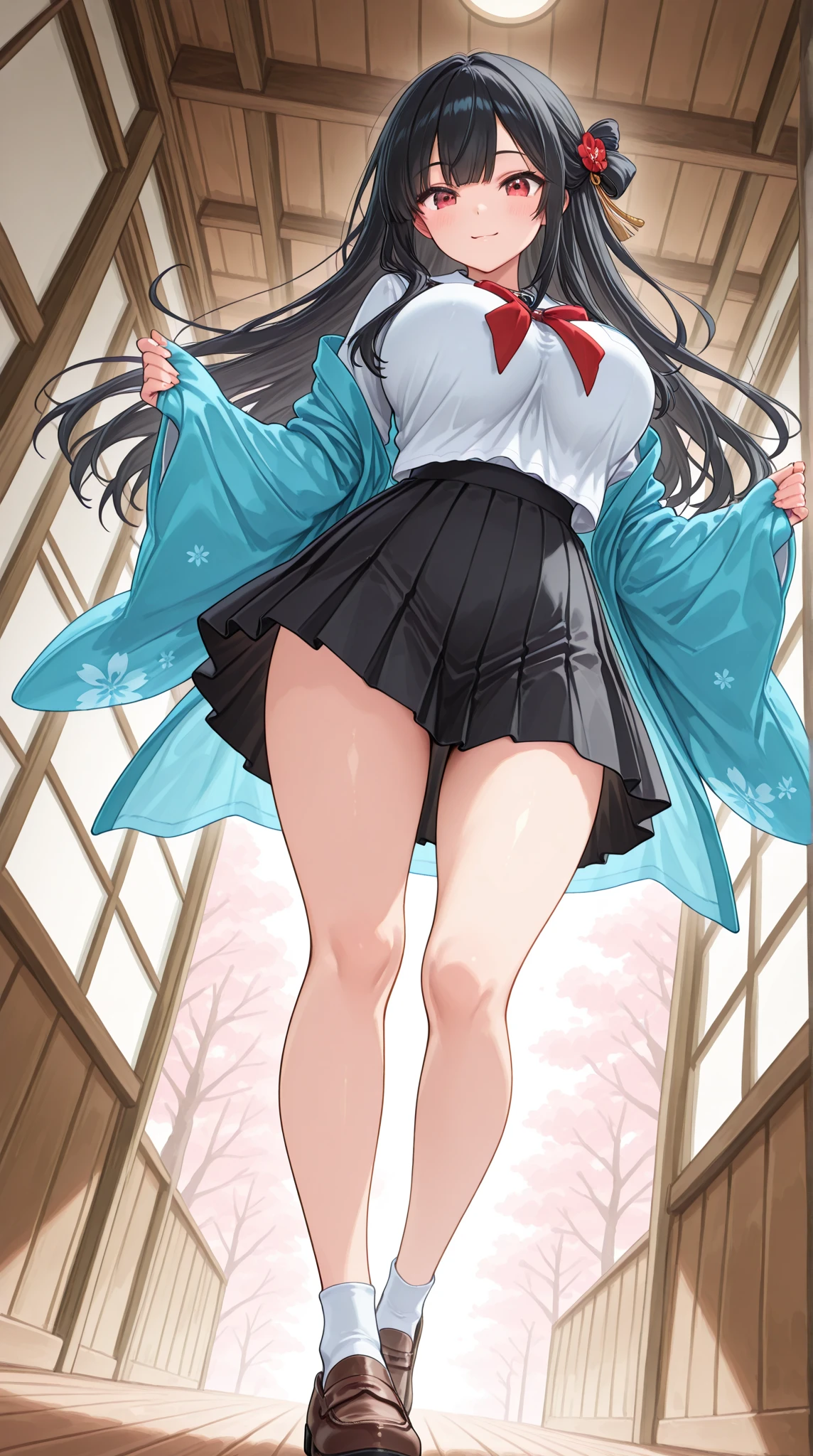 One Woman、beautiful girl、after school、evening、high school girl、Academy、Back of the school building、Schoolyard、It&#39;s snowing、Snowfall、Blazer uniform、Pleated skirt、Duffle coat、Black knee-high socks、Long Hair、Wearing a scarf、Highest quality,  Thick thighs、Big 、Black Hair、The girl is blushing、To the audience、Holding a love letter in both hands、Present a love letter to the audience、White Breath