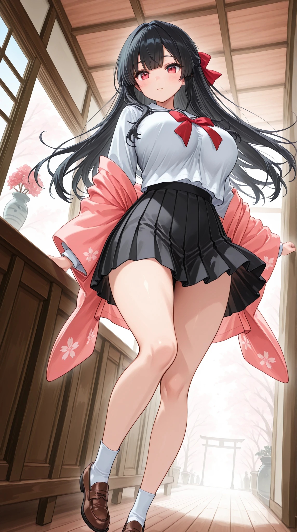 2D, Masterpiece, Best Quality, Anime, Very Detailed, One Girl, Solo, Chizuru, Pink Shirt, Ruffled Shirt, White Skirt, White Collar, Red Ribbon, Neck Ribbon, Clavicle, Smile, (White Panties: 1.3), High Contrast Glossy Oily Skin, Colossal Tits, Naughty Big Tits, Big Tits Emphasis, Naughty Thighs, White Underwear, (wind, wind lift, skirt that lifts with the wind, Skirt rolled up in the wind, skirt flutters: 1.5), (panties fully exposed: 1.5), white ribbed panties: 1.5, (standing, arms crossed behind the waist: 1.7), blush, embarrassing, big