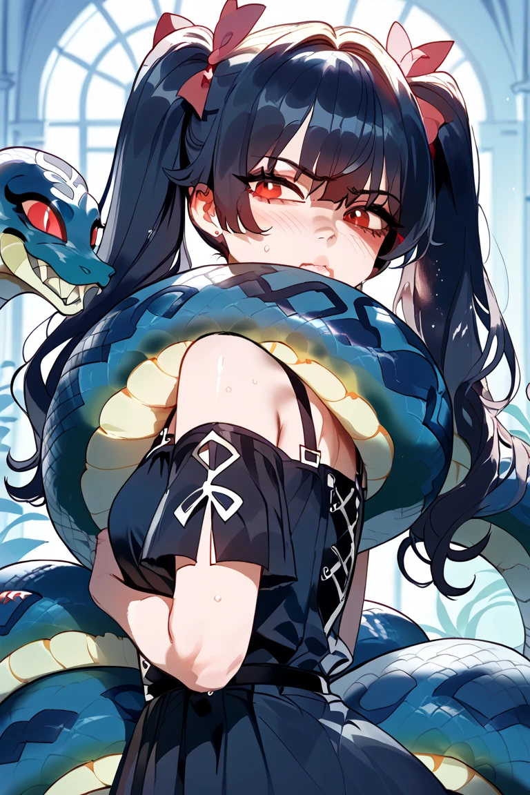 One woman, fair skin, black hair, blue eyes, red pupils, snake-like lower body, plain white kosode, black haori, black scales all over the body, horns growing from the side of the head, snake, masterpiece, top quality