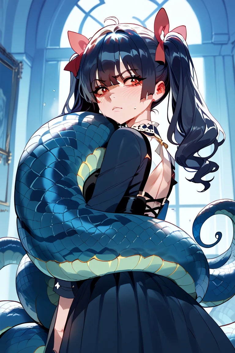 absurd resolution, high resolution, (Masterpiece: 1.4), hyper-detail, girl, with long black hair, with horns and dragon tail, with a maid outfit, perfect anatomy, in dynamic combat pose, defiant look, whole body, black stockings