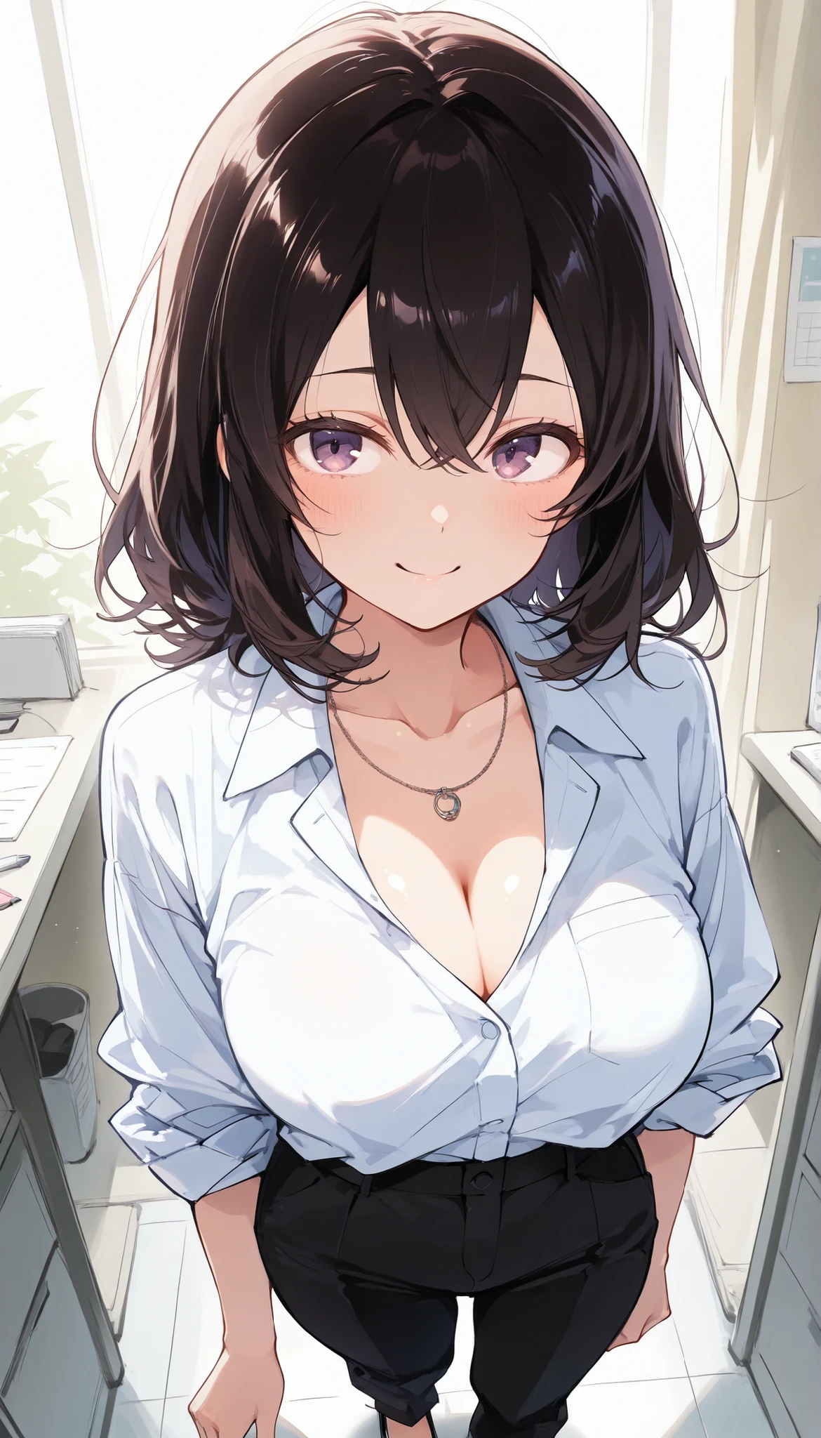 {lady with shoulder-length black hair named Rico}, business suits,tall,''short wavy hair,grossy lips, (It feels like saying Hello, daytime hours), indoor,{going out style}, ((Heart-shaped choker) ), (office room), Bright background,purple eyes, Mole under the eye, Heart-shaped choker, ((Masterpiece)), Highly detailed CG Unity 8k wallpaper), Top quality,, Detailed background, beautifully detailed eyes, heart shaped pupils,hollow eyes, looking at viewer,(very delicate and beautiful)), ((beautiful) eyes (detailed description),extra large breasts, browse,shirts,floating heart,sadistic smile,try to show me breasts and lingerie