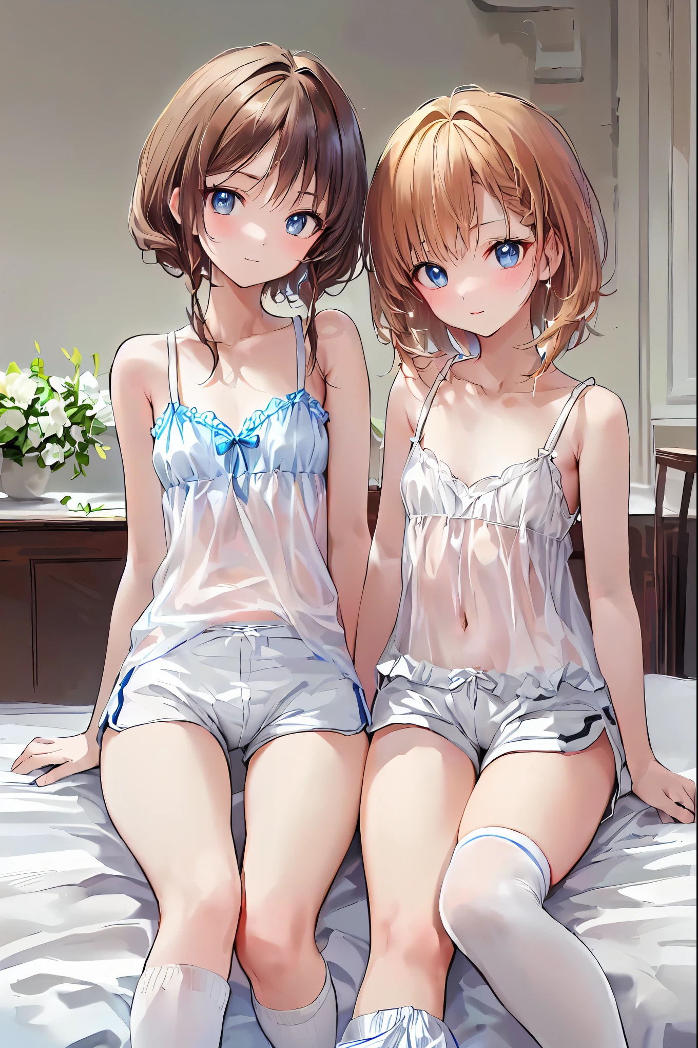 Very detailed, highest quality, High resolution, Moe Anime, ((4 cute girls with droopy eyes)), (Black Hair:1.5), Blue Eyes, Sparkle in the eyes, Big eyes, tareme, View your viewers, Pale skin, Focus on the face, In the park with cherry blossoms falling, ((The upper half of the body is covered in see-through lace lingerie, and the lower half is naked.)), ((nsfw)), ((Very short hairstyle:1.5)), (Slightly below:1.2), ((Flat Chest:1.4)), (arms behind back:1.4)