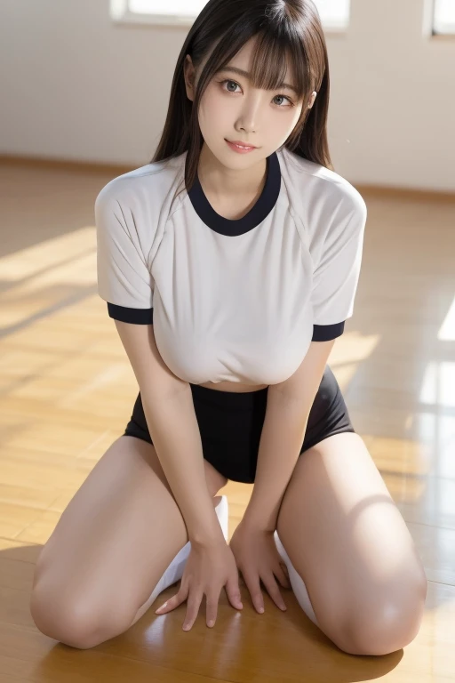 Young, elementary school student, black hair, twin tails, young breasts, white one-piece dress, crawling on all fours, nipple peek, smile, sexual, small ass, anal expansion
