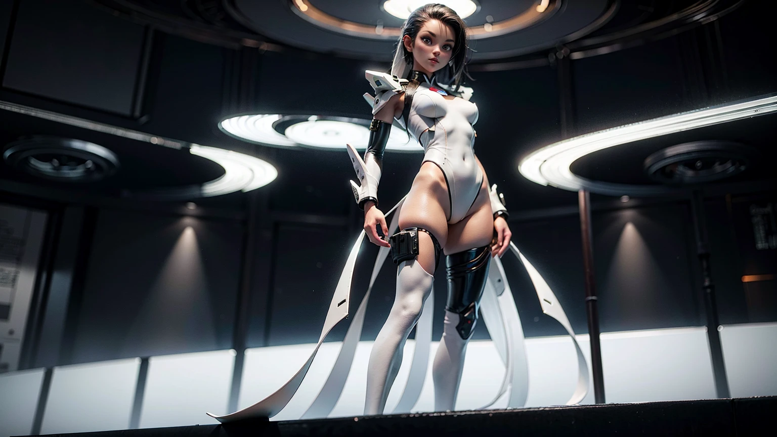 Full body girl, has an elegant and sophisticated appearance, combining elements of artificial intelligence with a touch of unique personality. Its structure is formed by smooth lines and contours, conveying a sense of fluidity and modernity.