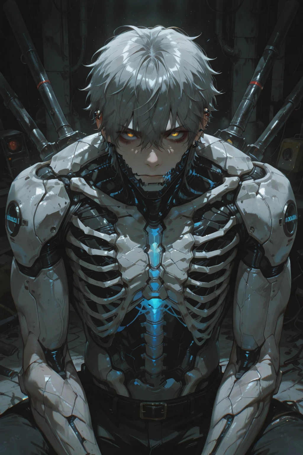 1. Mechanical Boy、((super realistic details))、portlate、globalillumination、Shadow、octan render、8K、ultrasharp、metals、Details of complex ornaments、cold color、Details of Japan people、Precise details with exposed half frames Internal skeleton frame highly intricate detail、Realistic light、CGSoation Trends、radiant eyes、Facing the camera、neon details、Mechanical limbs、blood vessels connected to tubes、Mechanical vertebrae attached to the back、mechanical cervical attaching to neck、sitting on、Wires and cables connecting to the head 超A high resolution Mono eye glowing red