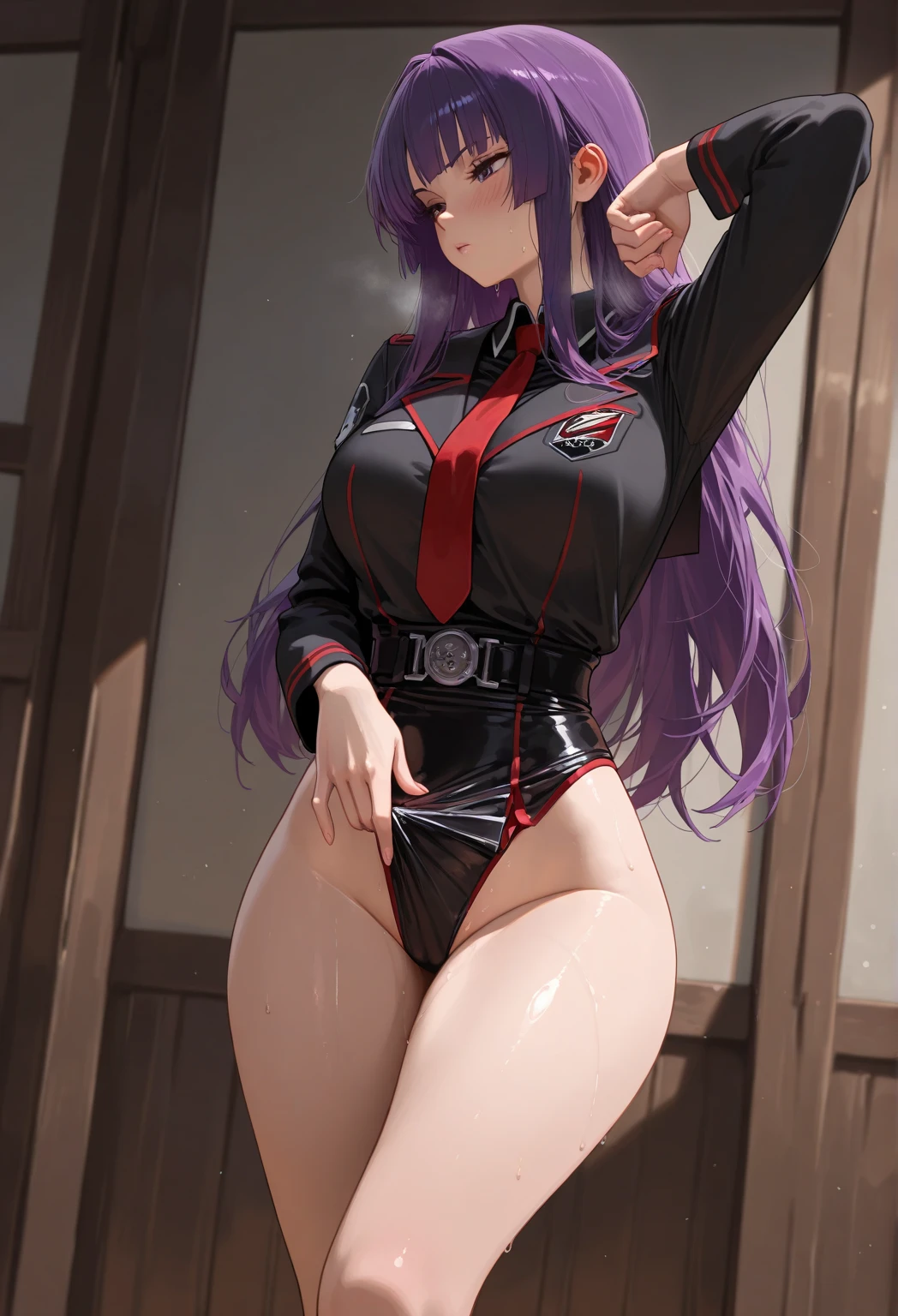 Character Details:, - Gender: 1 Girl. - Style: Anime, - Body Type: Attractive body, slim body, nice leg, slim tights, nice arms, nice shoulder., - Breast: Small Breast, Cleavage - Facial Features: Beautiful, Gorgeous, Teenager, Fresh, Young. - Expression: Smile, Pink Blush on Face, Sexy Eyes, Sexy Look, Innocent Look., - Hairstyle: Blunt Bangs, Long Hair., - Hair Color: Grey Hair. - Clothing: School Uniform, Stocking., - Body Pose: Standing Pose - Hand Pose: Hands on Hip - Behaviour: Waiting, Want Something, Secretly. - Accessories: Earrings., Environmental Details:, - Setting: Office Room., - Lighting: Natural Light., - Decoration: Modern Office Desk, Chair, Window, White Curtain, City View., pov, anime style, UHD, retina, masterpiece, accurate, anatomically correct, textured skin, super detail, high details, high quality, award-winning, best quality, high-res, HD, HD, 4K, 8k, 16k