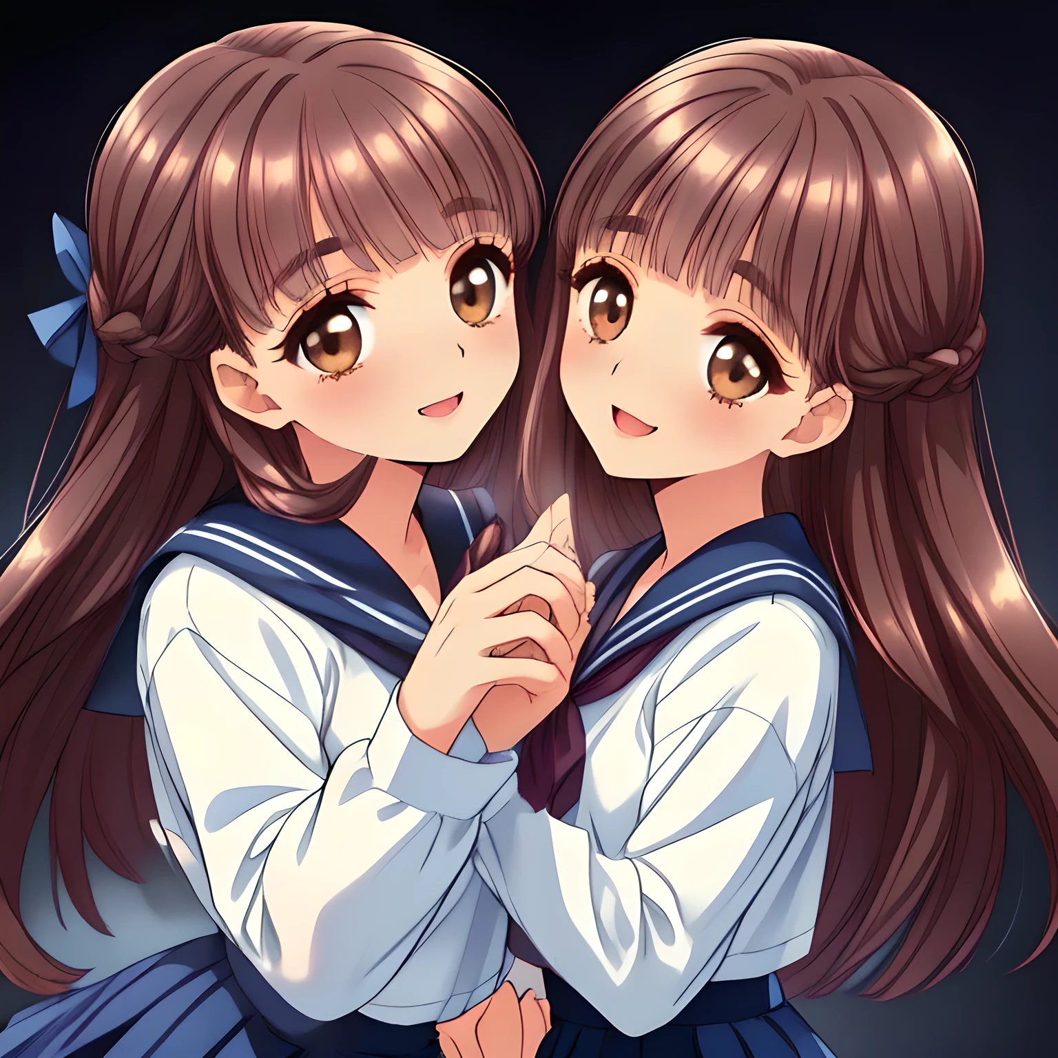 (highest quality, masterpiece:1.2), highest quality, High resolution, 1080p, 8K, ((too beautiful) (too pretty) (noble decorous well-behaved) (tender elder saint sister) of (((most beloved))) (love-story comic heroine) ((melts my mind completely)), calling me with their neat beauty together, (intelligent and perfectly balanced slender style), neat & clean, lovely strong charm, cutely tilted head, noble beautiful hand and fingers like a model: 1.5), (((white grown face, face up)), Using expensive whitening cosmetics by cosmetics artist: 1.2), (Too beautiful blue fascinating shiny (double-lidded) (brown eyes), ((deep upper girly eyelid)), ((attracting eyes)), laughing with detailed clearly: 1.5), (dark blue exemplary neat proper sailor-style school uniform: 2.0), (A very neat, ((realistic), (dark-blue) pleated blue school skirt): 1.9), (too pretty shiny big (red realistic school ribbon tie)): 1.5), (Shiny love-story heroine lips, open mouth: 1.0), ((amazingly beautiful black braids hair: 1.5)), (slender, small face, (((face up))): 1.5), (The lady knows well about the viewer's super fetishism for school uniforms, and satisfies it completely: 1.7), ((Perfect intentional neatness and her noble beloved atmosphere) improves their beauty: 2.0), (Take a shot from their side or behind emphasizing the beautiful ((neatness of uniform and (everyone's middle-height skirt))) like promotion, nothing but darkness background: 1.5)
