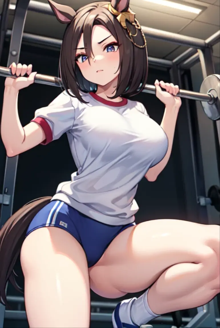 score_9, score_8_up, score_7_up, score_6_up, score_5_up, score_4_up, source_anime, best quality, masterpiece, 1girl, solo, exercise ball, thighhighs, buruma, brown hair, long hair, ball, breasts, blue eyes, white legwear, shirt, red buruma, white background, open mouth, simple background, large breasts, white shirt, gym uniform, looking at viewer, short sleeves, shoes, full body, spread legs, sitting, blush, sneakers, parted bangs, blue footwear, gym shirt, very long hair, forehead, sleeveless, sleeveless shirt, smile, t-shirt, thick thighs, thighs, rating_explicit