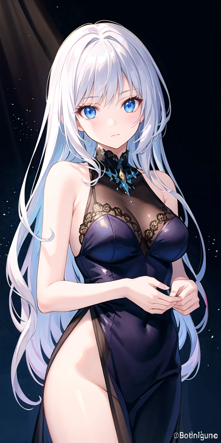 1girl, anime, cute girl, blank background, white background, fantasy, detailed dark fantasy dress with highlights, beautiful face, beautiful eyes, dark colors, silver hair, slightly small breasts, slight cleavage, beautiful skin, cute, breast curtains, extremely delicate and beautiful, (beautiful detailed face:1.0), (detailed deep eyes), symmetrical breasts, deep eyes, shiny skin, portrait, slender waist, hips wider than shoulders, thighs, young girl, expressionless, luminous eyes