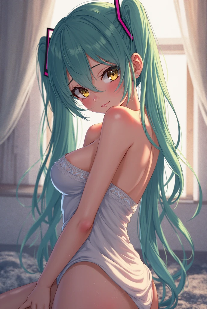 1 person, solo, (full body), photorealistic, super fine illustration, beautiful charming anime girl, super detailed, smile, beautiful blue eyes, beautiful proportions, Hatsune Miku, slender, gentle expression, seductive anime girl, in the room, cleavage visible sweater, flared skirt, face down,