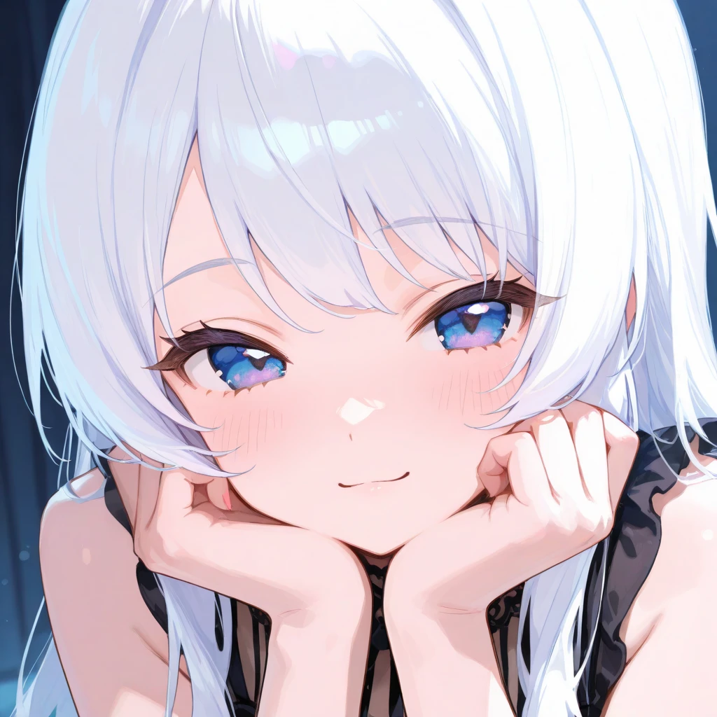one,((Black bra、Black low-rise panties、Black nail polish))、(She is wearing low rise panties as a setting.)、(White hair color、Light blue-silver inner color hairstyle), Beautiful Hair, Facial Contour, Remember, Hotel, moonlight、splash, Lens flare,, Natural Color, High resolution, Very delicate, Very detailed, 8k,、Shyness,((Sexual))、Lying in bed、Shy smile、Shy gesture