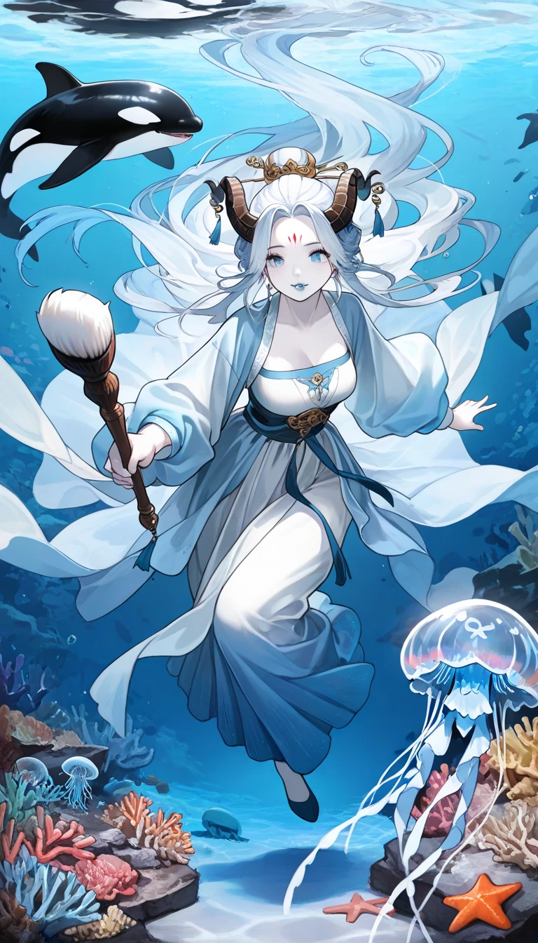 A heavenly woman heals a wounded serpent、A heavenly woman pouring a large snake full of water from a large light blue dish with transparent water flowing from above、Heavenly maiden has black hair tied back、She is wearing a white kimono with a large open chest、Illustration of a pale shade of pencil and water-based paint