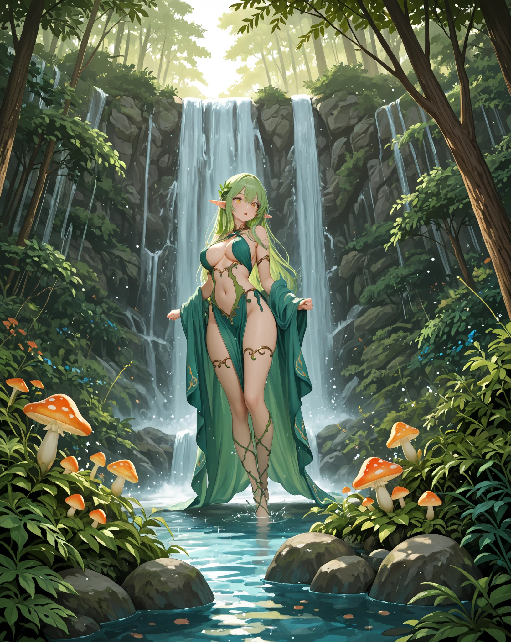 High elf woman walking on her knees for you, asian face, wet skin, view from front, looking up at viewer, big eyes, dark green hair, braid crown, slender body, slim-thick, caramel skin, small boobs