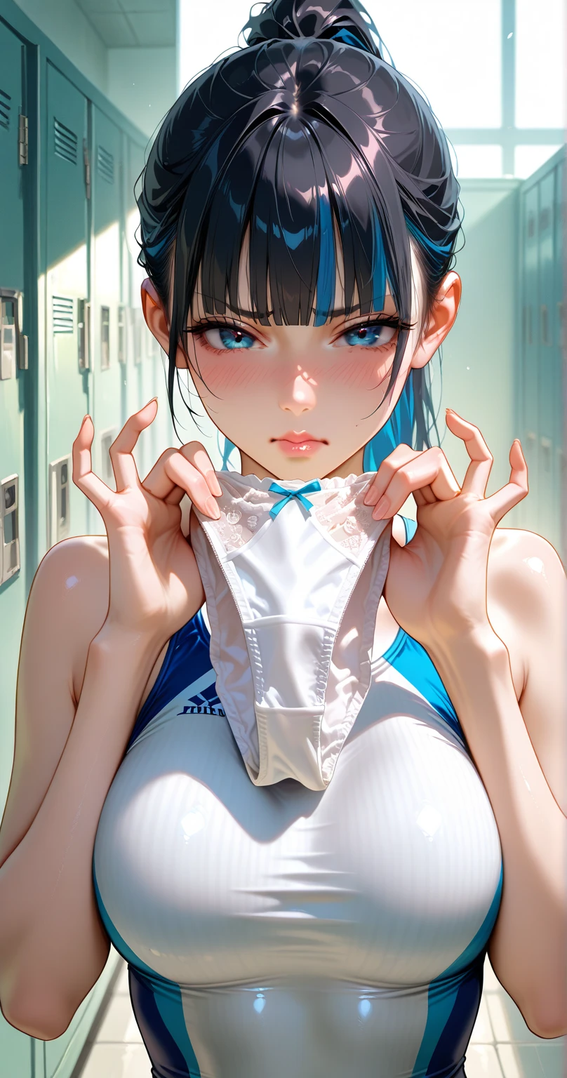 best quality,、high quality,masterpiece,detailed, high resolution,、、nsfw,1girl、sister、woman、blunt bangs bob cut,nude、seductive upset, blush,???????, mouth drool,embarrassed,looking away、large tites,puffy nipple, tanlines,detailed skin,、 (white highleg competition swimsuit:1.5)、(swimsuit see-through:1.4),、from side、from below、dynamic from below angle、((school desk:1.4))、spread legs、(Show pussy:1.3),(cum in pussy:1.3)、(masturbation vibrator:1.4)、((big tites:1.4))、hand on own pussy