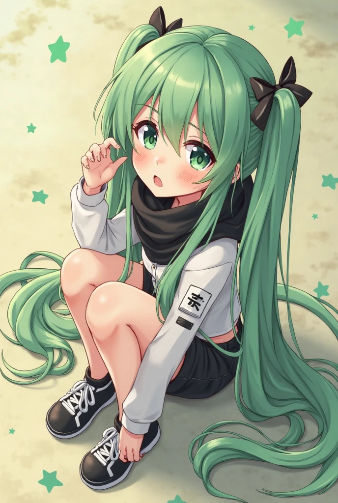 Catgirl, Pale tan skin, Heterochromia, Blue eye, Seafoam green eye, Long Cyan hair, long twin tails, casual clothes, booty shorts, black hoodie, super intense blush, shy, faint smile, small breasts, thick thighs, peeing stain, outside, in public