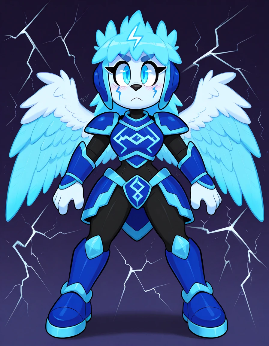 Solo, Furry, Thunder Bird monster girl with white-blue feathers, a mane of ragged white-blue hair, blue thunder wings with lightning bolt markings, dressed in blue armor with lightning bolt markings
, thunderstorm