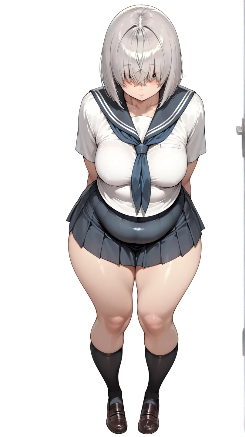 Solo, school sailor summer uniform, bike shorts, big butt, wide hips, short hair, brown hair, femboy, male boy, smug face, bratty boy, sideway, sideway perspective, masterpiece, blushing, see-through pants, visible crotch bulge, visible nipples, sweaty body, oily body, see-through clothing, sportsy boy, plump thighs, full body