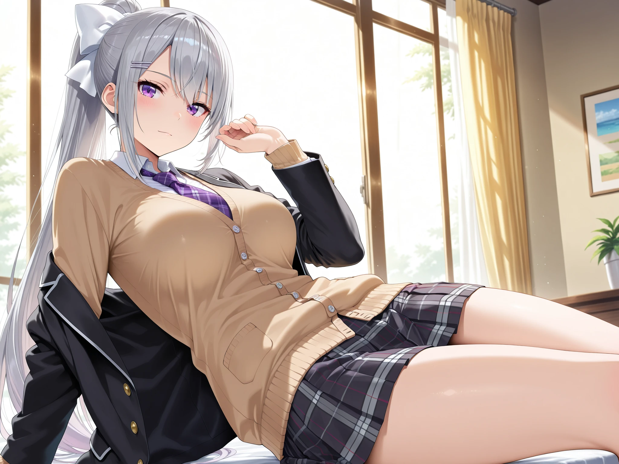 (masterpiece, best quality:1.2), 1girl, Alice Nakiri, white hair,short hair,red eyes,slant eyes,half open eyes,sweater vest, beige vest, , white shirt, red necktie, pleated skirt, (brown skirt), thighs
