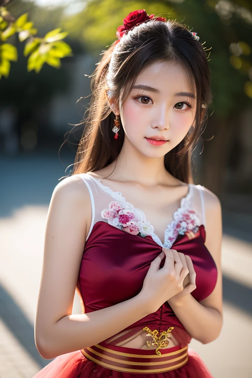 masutepiece、Best quality、ultra - detailed、A high resolution、8K、Perfect dynamic composition,、Beautiful detailed eyes、Natural color lips, dreads, Humiliating expression, Poor girl、Harajuku、20 years girl、Cute、Look at the sexy shots of the lens、(top-quality: 1.2), (tmasterpiece: 1.2), (Super detail: 1.2), (one-girl:1.1)、(Detailed hands and fingers:1.2)、(detailed super oily shiny skin:1.1)、Oily shiny thighs, Brown hair、Long hair、bouncing hair、Beautiful sister, Fatal position, (( Sexy women:1.2)), Skinny , (Bristles on the lower abdomen:1.4), Spread your legs boldly、The shape of the pubic region is clearly visible,  (Sweat skin:1.2), Ponzi hair，on the floor on all fours，Posture with the buttocks sticking outward,,,,,,，Looming genitals, ((Red, hollow, Off-the-shoulder sexy silk evening dress, White lace :1.3)),  ((Torn clothes:1.3)), Soaked clothes