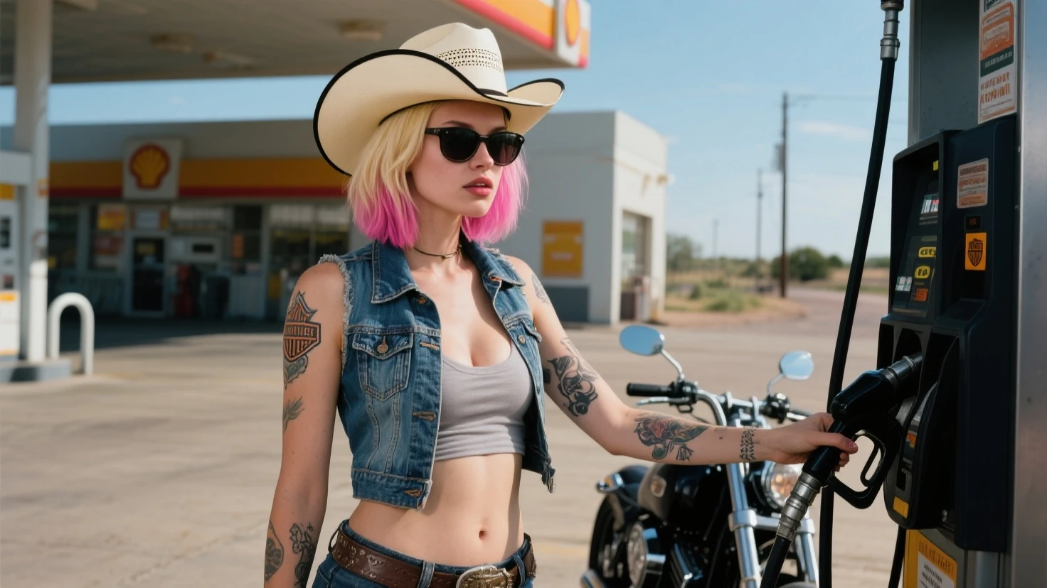 (masterpiece, top quality, best quality, official art, beautiful and aesthetic:1.2), (1girl:1.3) pink hair, ((Mohawk)),Vextremely detailed, portrait, looking at viewer, solo, (full body:0.6), detailed background, close up, mischievous eyes, (cold midnight castle theme:1.1), biker babe, huge lips, charlatan, smirk, mysterious, being seductive by a road side bar on a highway, tank top, blue jeans, large breasts, cleavage, tattoos, skindentation, slim waist, slim hips, long legs, medieval (highway exterior:1.1) background, nighttime, dark mysterious lighting, shadows, magical atmosphere, dutch angle,