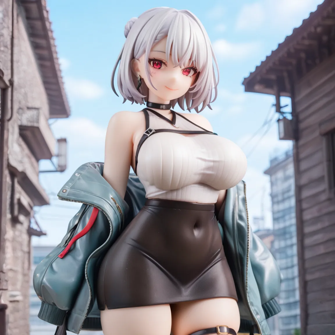 girl, white short hair, black outfit, wavy bob hair, black trench coat, black blouse, smoking cigarette, sharp eyes, large breasts, beautiful white eye, outside, full body, at night, from above, looking away