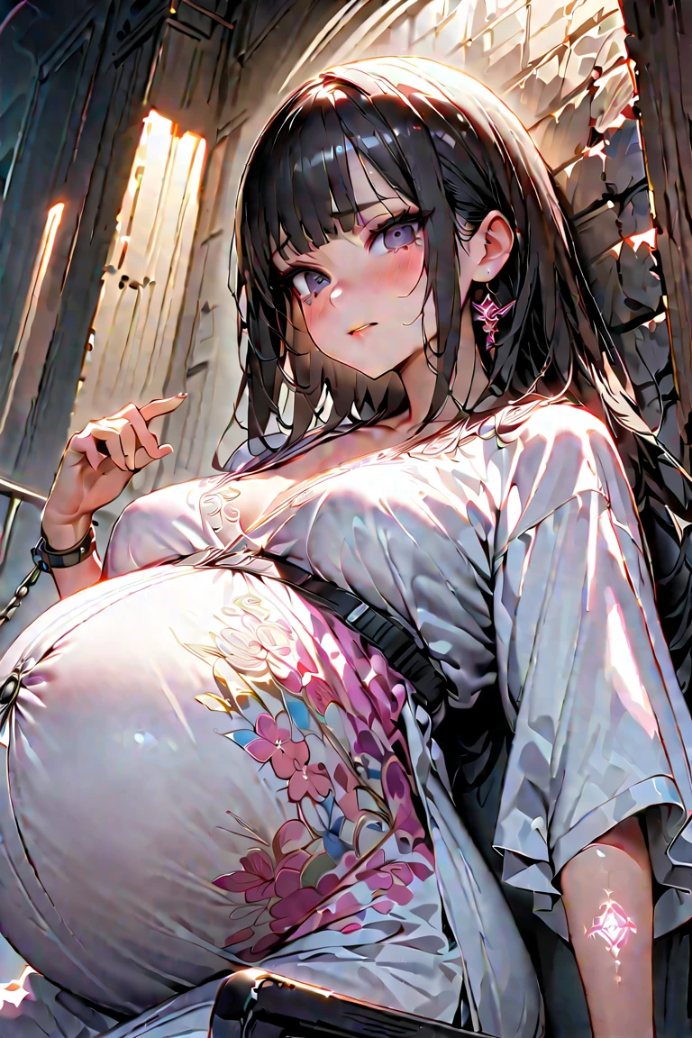 sfw, mano aloe, aloe1, 1girl, woman, adult female, ((solo_female)), pointy ears, virtual youtuber, demon girl, (((demon horns, asymmetrical horns, horn bow))), hair ornament, ((((updo))), alternate hairstyle, hair_up, french braid, single hair bun), (((multicolored hair, two-tone hair, pink hair, blonde hair))), ((((long dress, floral print, oversized dress)))), large breasts, (fully clothed), (fully dressed), (covered stomach), long sleeves, wide_sleeves, absolute cleavage, wide hips, lithe, green eyes, (((lips, pink lipstick), (((smile))), light blush)), ring, highly detailed, masterpiece, best quality, detailed, ultra detailed, sharp focus, detailed hair, perfect draw, detailed hands, perfect anatomy, (pregnant, gravid, heavily pregnant, big belly), mature female, ((motherly)), ((from side))