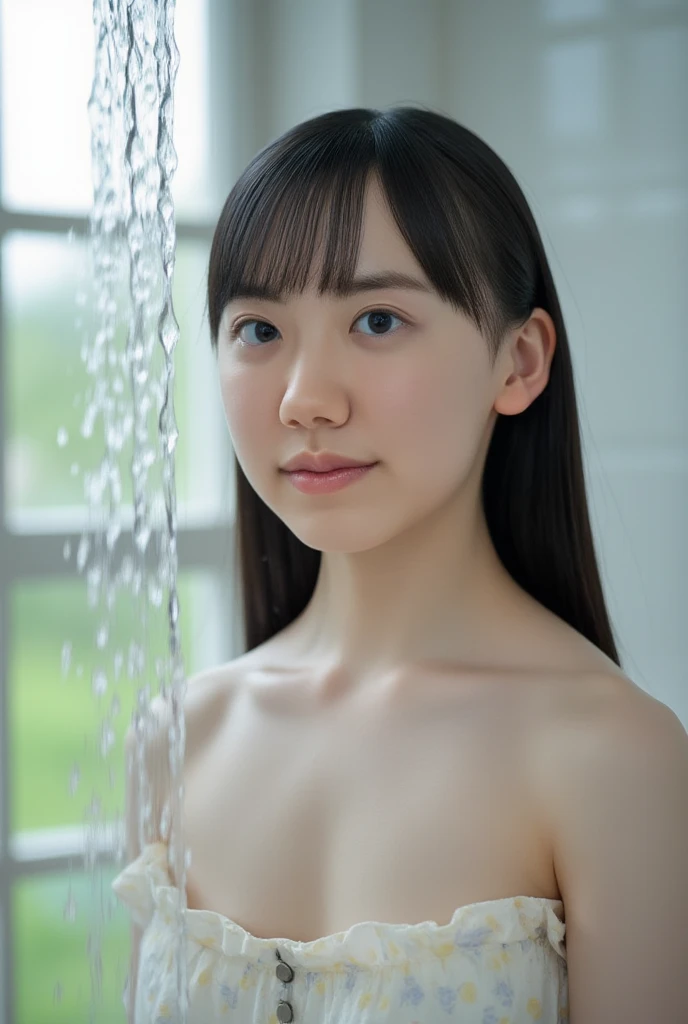 NSFW、fullnude、ighly detailed、surrealist、high-level image quality、8K、masterpiece、japanes、a beauty girl、Her face is small and cute、a baby face、spindly、14years、Put your hands on the wall、Roaring、taking shower、Heavy shower、The body is soaked、My bare skin is transparent in the rain、Wet and shiny