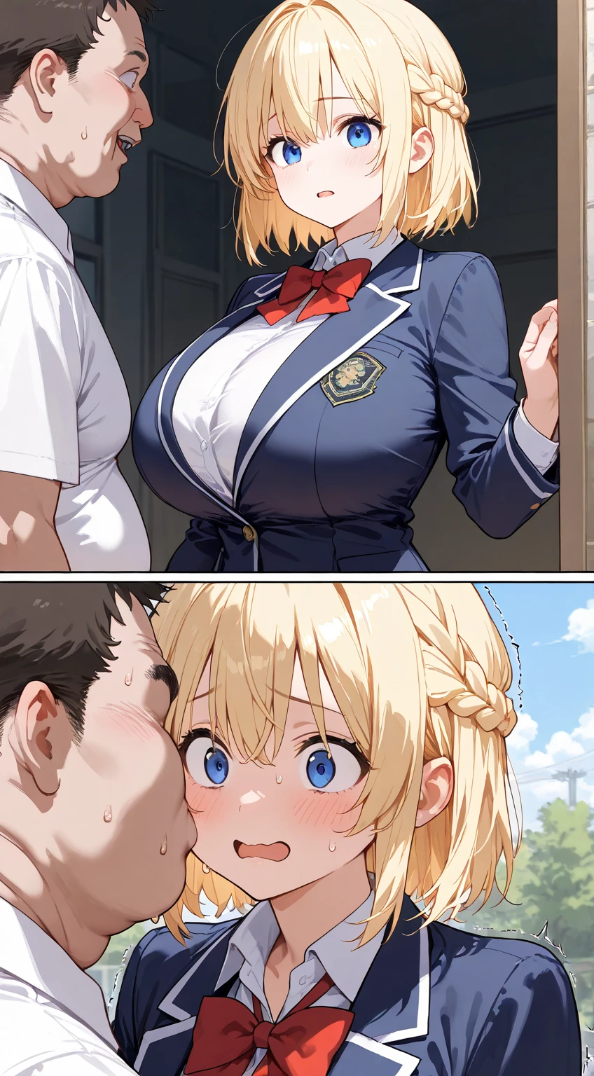 (1girl, 1old man:1.8), (old man and girl hugging:1.8), Anime cel drawing style, masterpiece, Best Quality, High resolution, nsfw, cowboy shot:1.6, (gigantic breasts:1.6), shirt lift, panty shot, fear, blonde hair, Bangs, Side Ponytail, Hair Ornament, highleg panties thong, bra, classroom, White sailor suit, Short sleeves, red neckerchief, (1girl 1old man kiss:1.8),