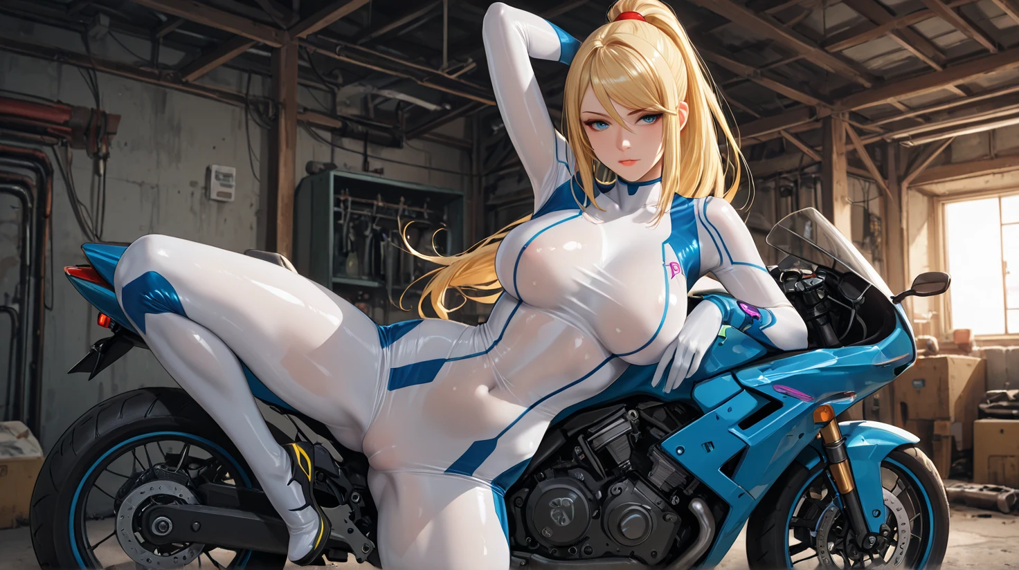 Realistic, Solo, Perfect Detail Face, Detailed Blue Eyes, Very Detailed, Blushing, Hair Ornament, Chignon Mahogany Hair, (Blonde Hair), Plug Suit 02,Shikinami Asuka Langley, thin beautiful legs, young face, pretty eyes, black background, blue racing girl uniform, scantily clad, large breasts, racing queen, thigh boots