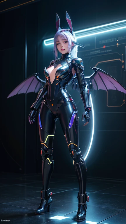 (8k), high-detailed face,work of art, Bela , gigantic black cyborg wings, wings have neon lights, open wings,, in tight metal armor, metallic belt, Electronic armature elements, 20 year, the skin beneath the suit has shiny lines, shoulder length black hair, a cyborg eye, Standing, serious expression, cinematic lighting, Burning cyberpunk city in the distance, flat-chested