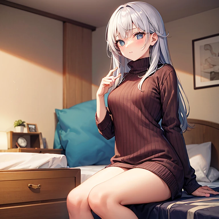 (masterpiece, top quality), from above, solo, 1 girl, smile, light white hair, pale green eyes, long hair, blush, long baggy sweater, knitted sweater, no pants, sitting on bed, dim lighting, warm lighting, thighs, big, sexy, bust shot,