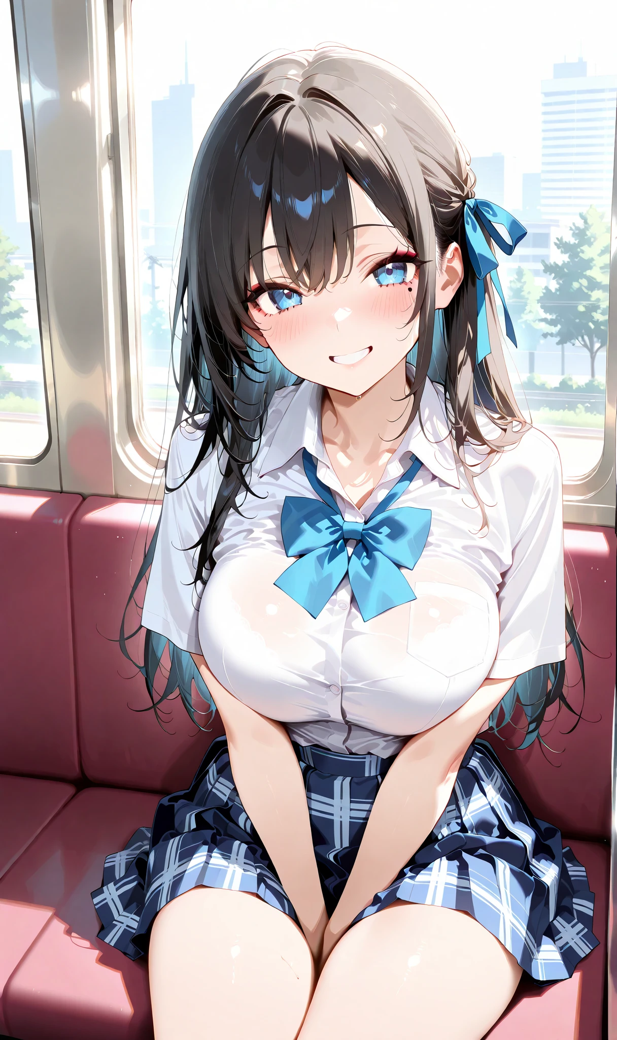 1womanl,Black hair,14years ,(()),Beautiful breasts,(((sexy white and blue shiny cheongsam)))(())(((Blushing cheeks、Smile with open mouth)),(((Satin Narico))),((( portlate))),(,Crowds