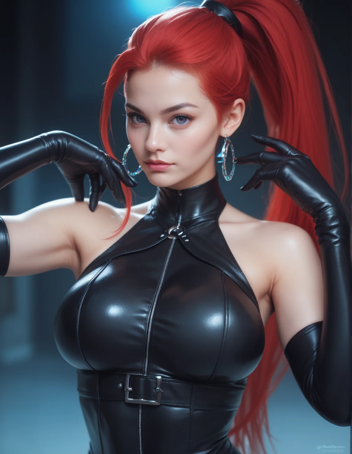 Ultra realistic, real girl, 16K, best quality, High resolution, hot atmosphere, dream atmosphere, 1 girl, 18 years old, Long messy scarlet red hair, cute bangs over the forehead, blue eyes, sexy eyes look, pale white skin, wearing alternative black outfit, earrings, fit slim body, big natural breasts, realistic slim hot body, tall and hot girl, seductive, sensual posture, big hips, thick legs, torn clothes, blurred background, Depth, dream aesthetic, Atmosphere of dream, cinematic lighting. 
