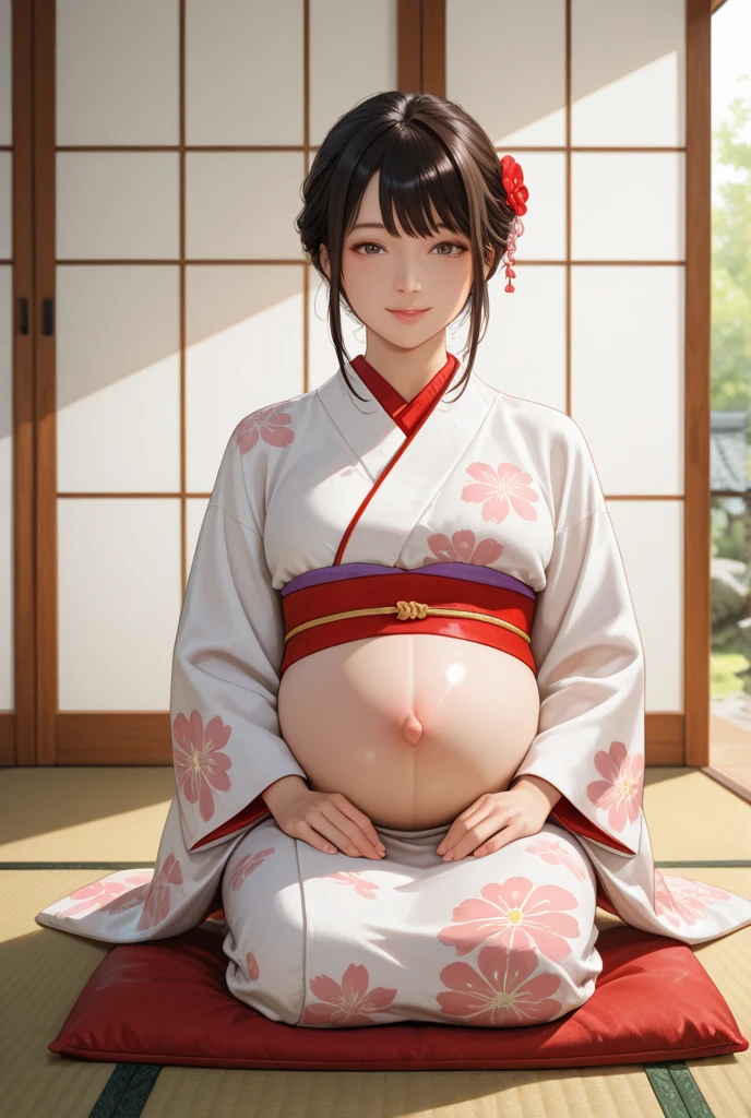 a woman in a kimono sitting on a red chair, digital art, inspired by Kanō Naizen, pregnant belly, bodypaint, 8 k highly detailed, award winning horror photography, incredible masterpiece, ancient japan, cgsociety 9, photo of a beautiful, mother,