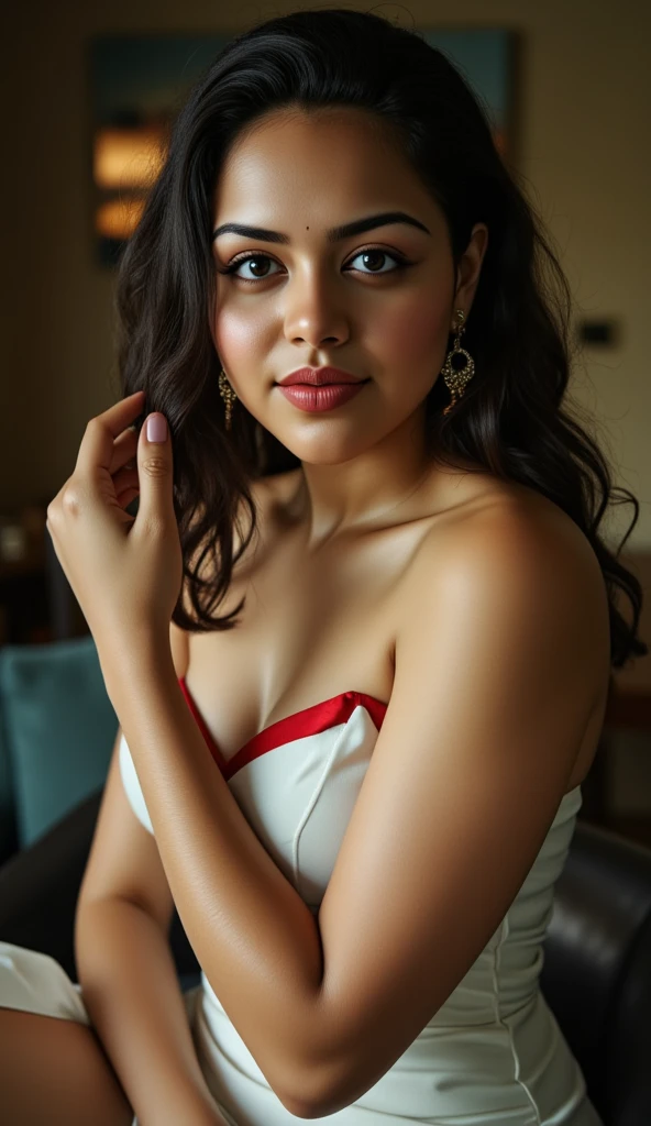 Foto CRU, foto de retrato de rosto de linda de 26 anos.oh woman, rosto fofo, usando vestido preto, cara feliz, sombras duras, cinematic shot, studio lighting, foto empresarial, roupa formal