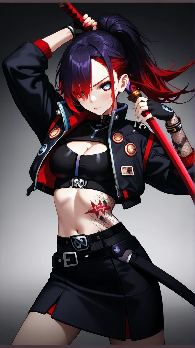underdressing,indifferent,Red Eyes,Sweat,Soaked,liquid,transparent,Expression of disgust,Back,Cropped tops,Leather Shorts,succubus