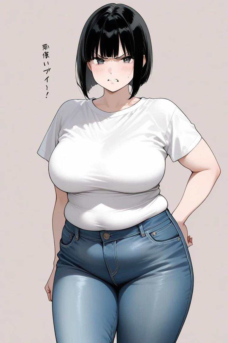 ((Masterpiece)), perfect anatomy, perfect shading, field of depth, (best quality), extremely delicate and beautiful, perfect lighting, detailed face, ultra cute face, cute, (cowboy shot 1.2), (((1girl))), ((solo)), looking at viewer,
short hair, fluffy hair, brown hair, green eyes, ((Blush)), shy, nervous, (crop top 1.5), (jeans 1.2), belt, extremely tight clothes, large breasts, cleavage, ((wide hips)), ((thick thighs)), ((chubby)),
fast food restaurant, intricate background, detailed background,