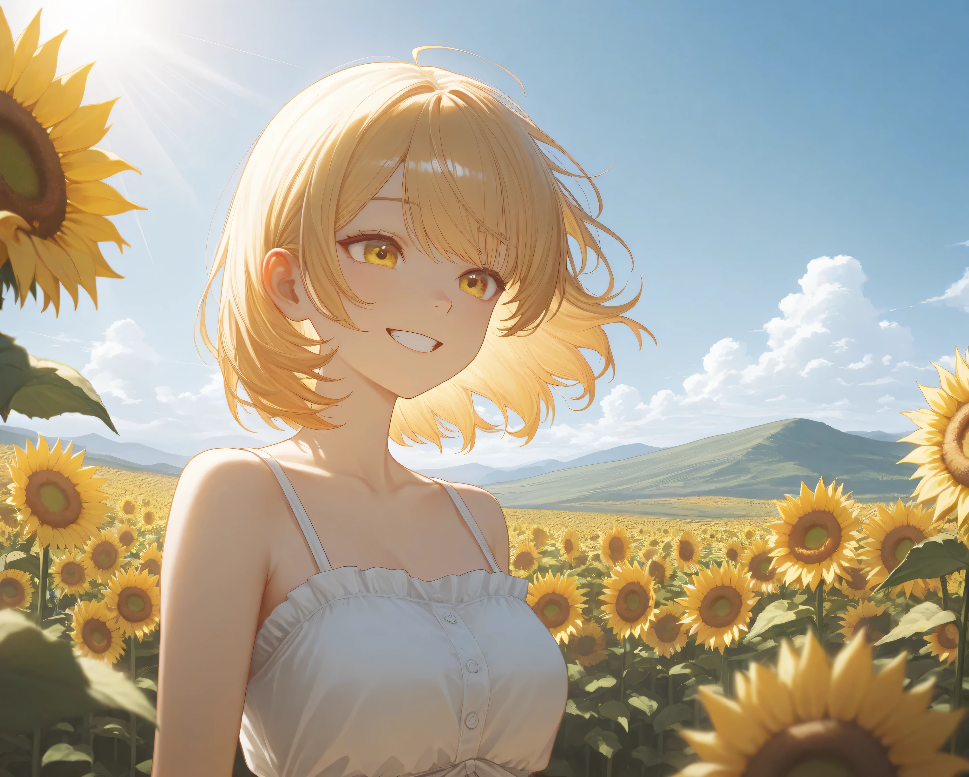 High Quality,4K,very detailed,high dynamic range,Studio Lighting,with fine details,womanhood,Smile Yan,summer,Sunflower field,Sunlight,wearing a white dress,nature,Bright,Relaxed,relax,Outdoors,landscape,Portrait,digital art
