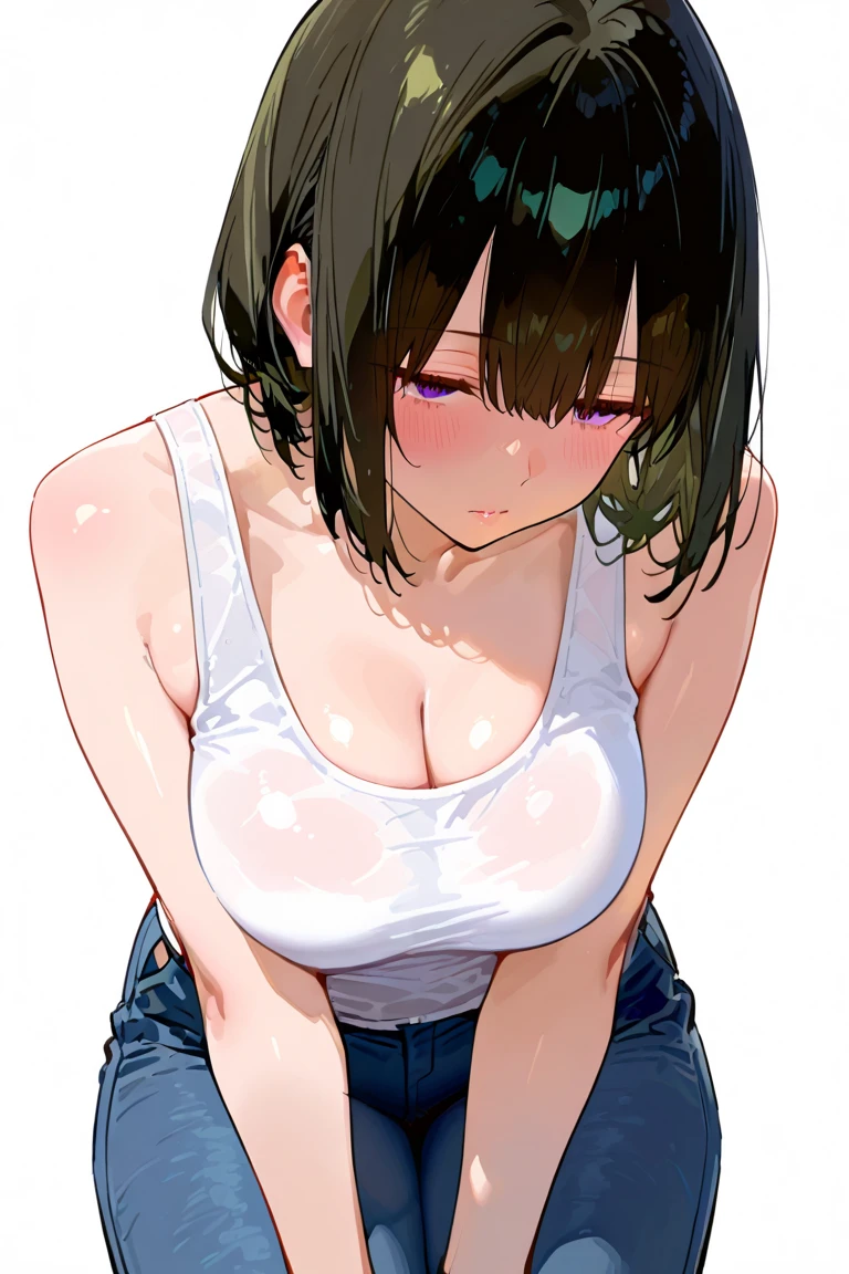 ((muscular)) girl huge breasts black hair yellow eyes pale girl tight tshirt sad frown blush see-through see-through