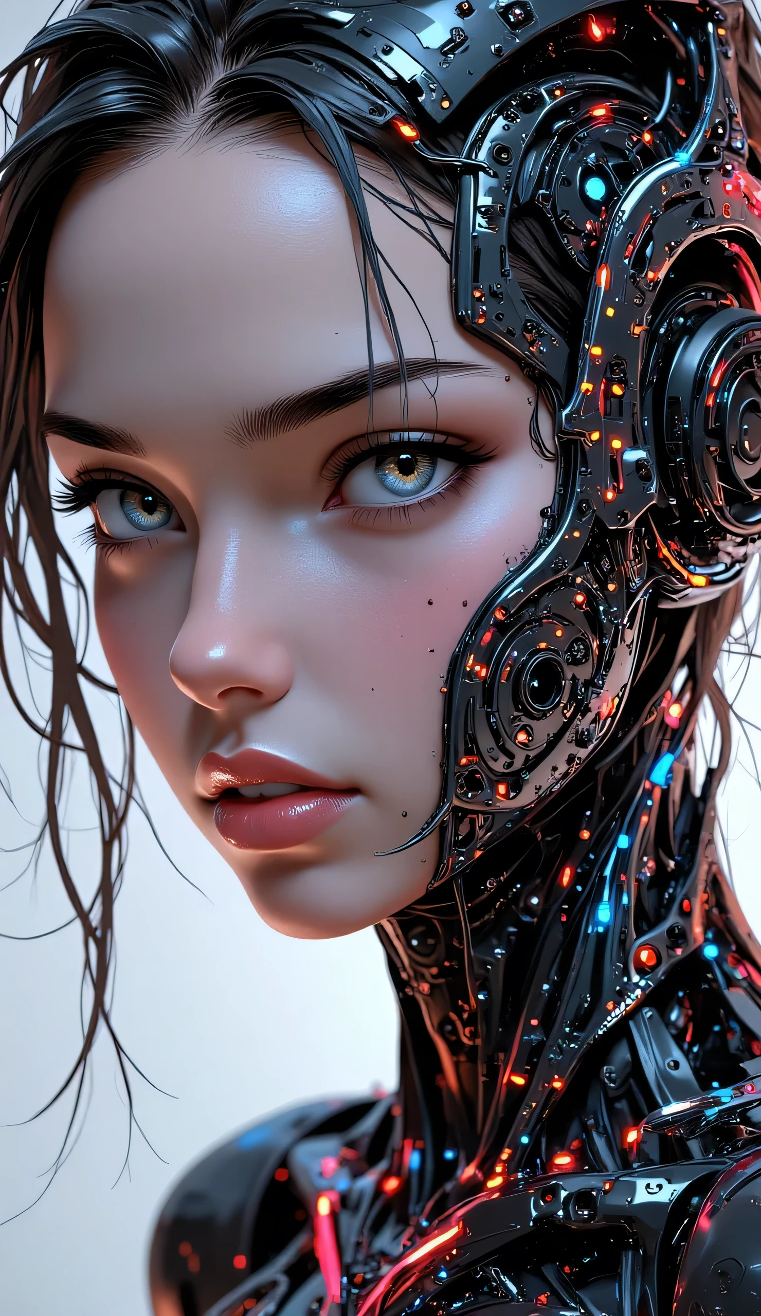Score_9, score_8_up, score_7_up, ((highest quality)), ((masterpiece)), (be familiar with), Perfect Face, (High definition), (Best Shadow), 8k, cinematic, (masterpiece, best quality, raw photo, photorealistic, high resolution, exquisite details, reflection, HDR, 8K resolution, ray tracing), (soft lighting, studio shot, simple background, white background, blurred background, dynamic angle, bokeh background, rating_explicit, perfect hand according to anatomy, slim body beauty, sexy cyber-girl, detailed face, erotic). Half-bust view of a stunning cyber-girl, the body is a mix of human naked skin and robotic parts