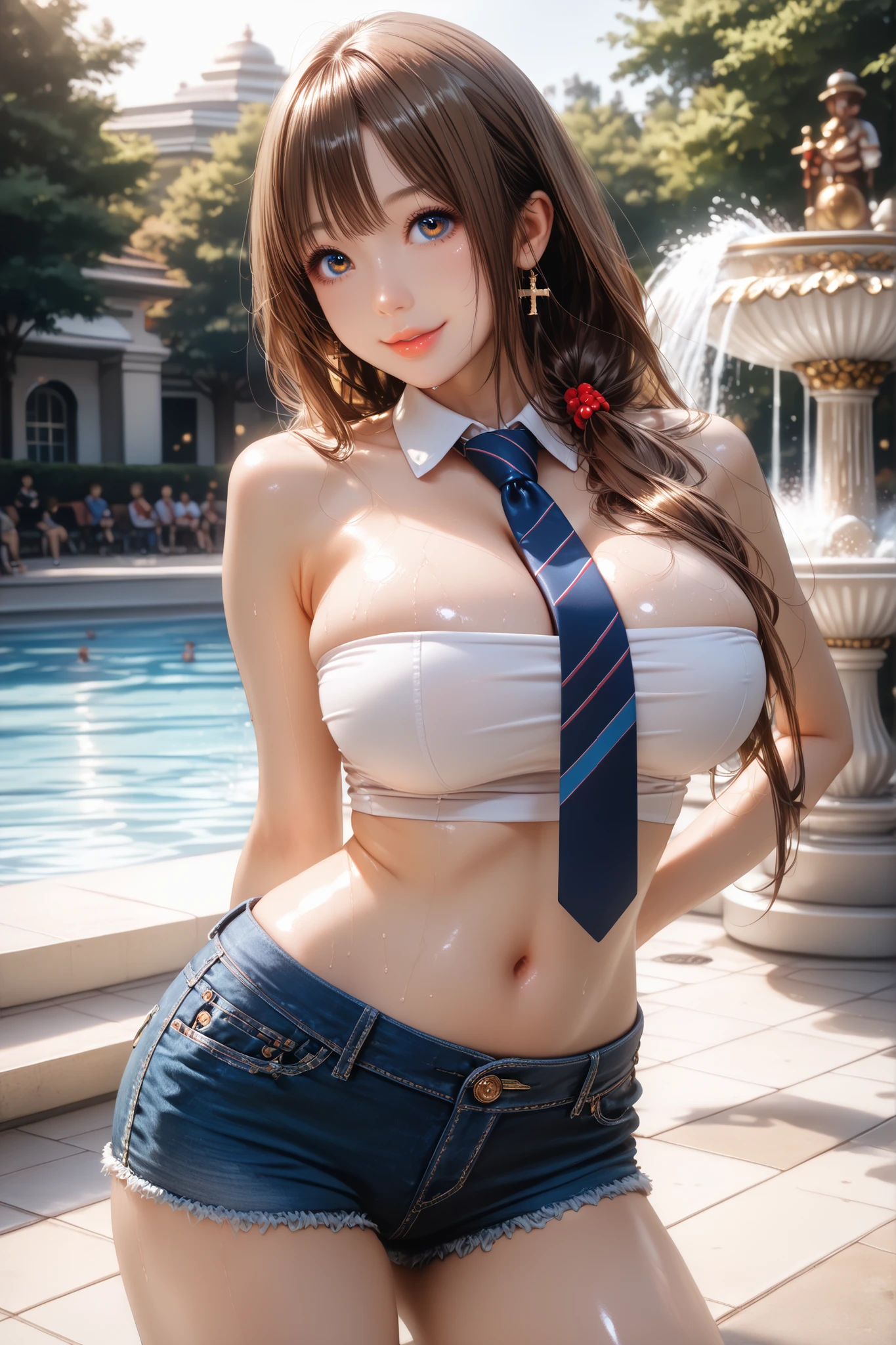 Highest quality,Highest Resolution,(((Frappuccinoーノを手に持った)))American school girl,Belly button,Abdominal muscles,Brown skin,Large park,In front of the fountain,Standing posture,mini skirt,Knee-high striped stockings,sunny,sweat profusely,smile,Very beautiful eyes,Frappuccino,Tie the length of your clothes,front,whole body,Cat ear,
