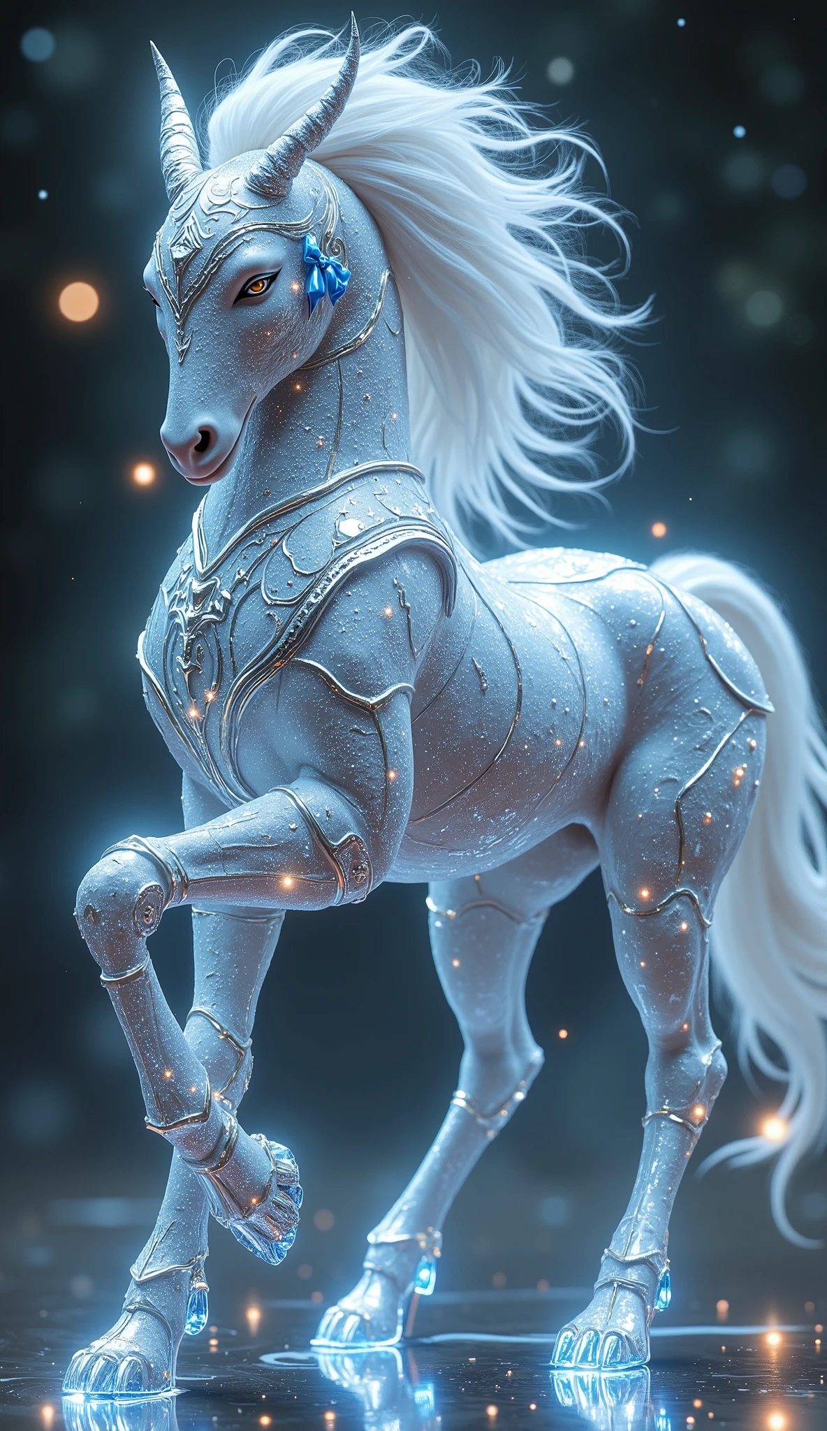 Female (Centaur:1.4), Four legs，android, huge huge bra,Crystal high heels，Sparkling all over with stars，（(Wearing knight armor: 1.6)）（Flesh-colored skin (by Cynthia Sheppard), Fair and shiny skin, Full body CGsociety, Beautiful full body concept art, smooth Fair and translucent skin, Pretty blue bow hair accessories and pale porcelain skin, Fair and translucent skin, Pale skin,,Ivory white skin, Light milky white porcelain skin，（Skin tone consistency）, (from above:1.0)