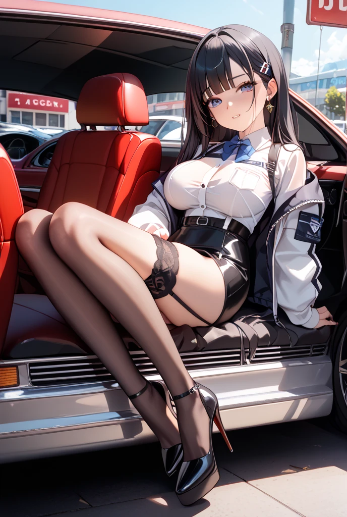 1girl in, Glamorous beauty、Focus on the hips、Cool pose、Looking at the camera、Riders Jacket| (Metal decoration、Large emblem on the back), Too short shorts │ leather、Exposing your feet、Rider Boots、American Highway、masutepiece、top-quality、Reflector、profetional lighting、Motorcycle magazine cover style photo