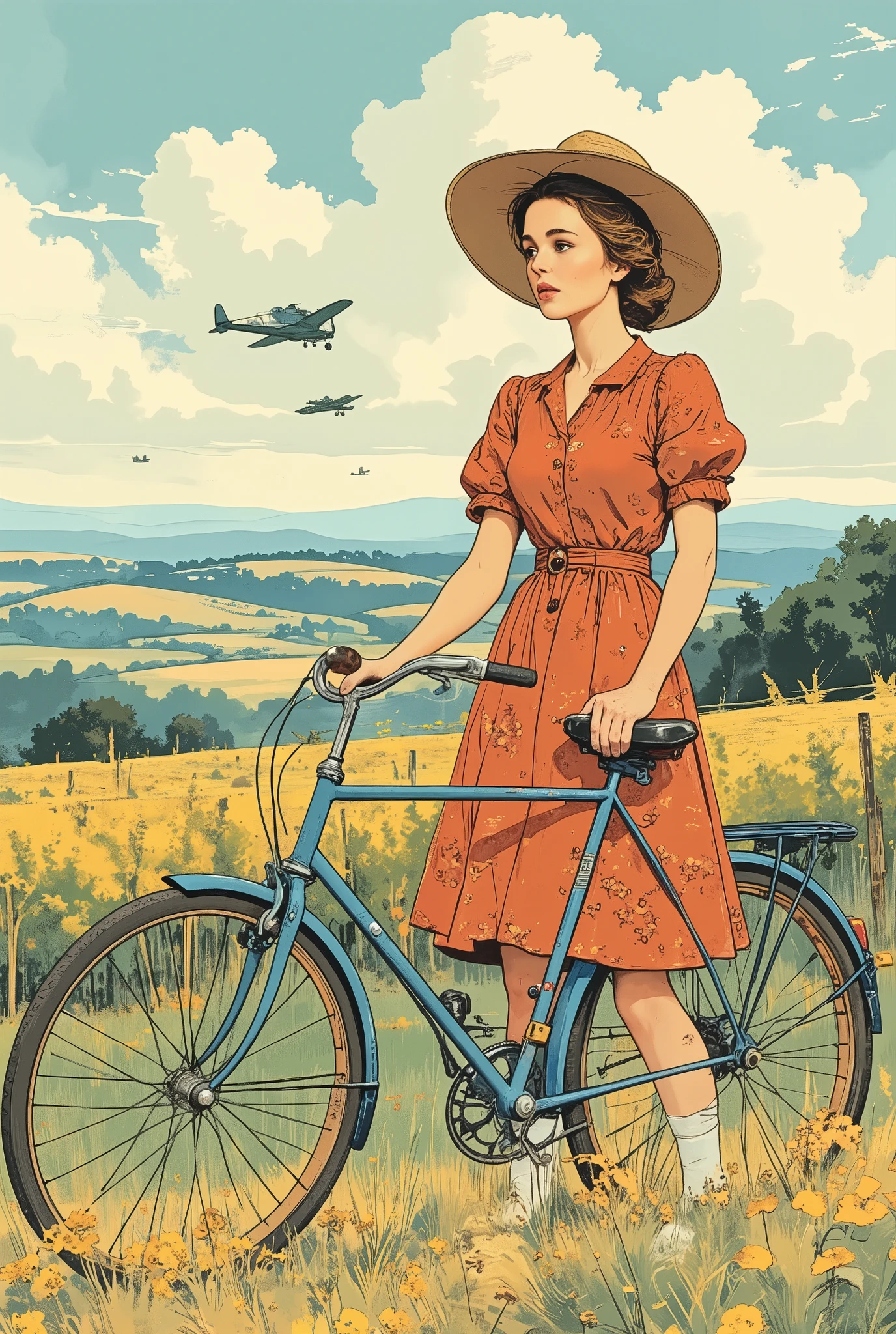 amazing watercolor ink painting illustration retro style, you can see、young woman wearing a female hat and red floral dress {x} standing next to a vintage blue bicycle, In the 40s. Strong winds. high in the sky with a remote background、mall German military aircraft. in French vineyards and meadows