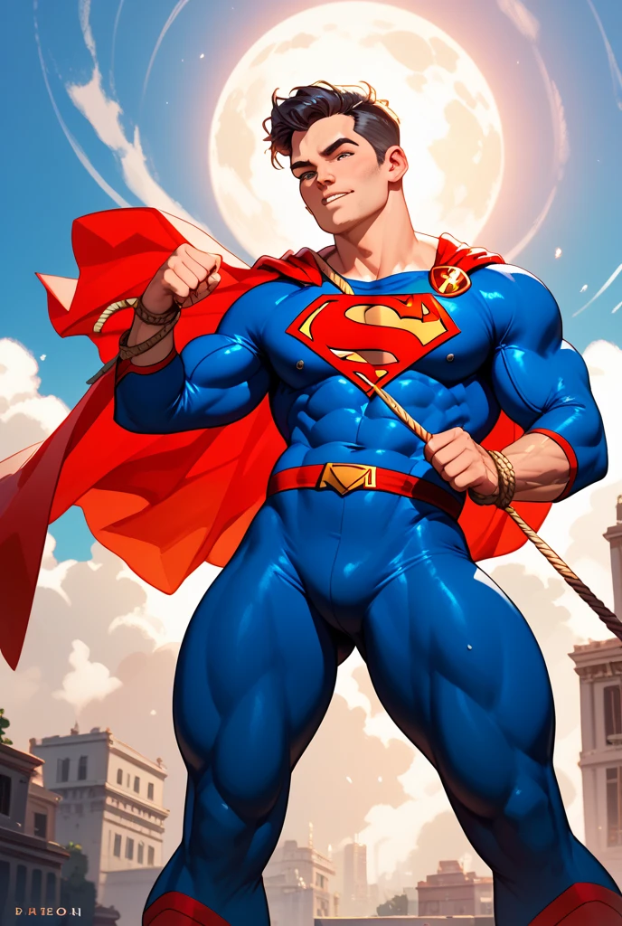 Young guy, short brown hair, Cyan eyes, brawn, Black Superman Costume, ssmile, Masterpiece, hiquality