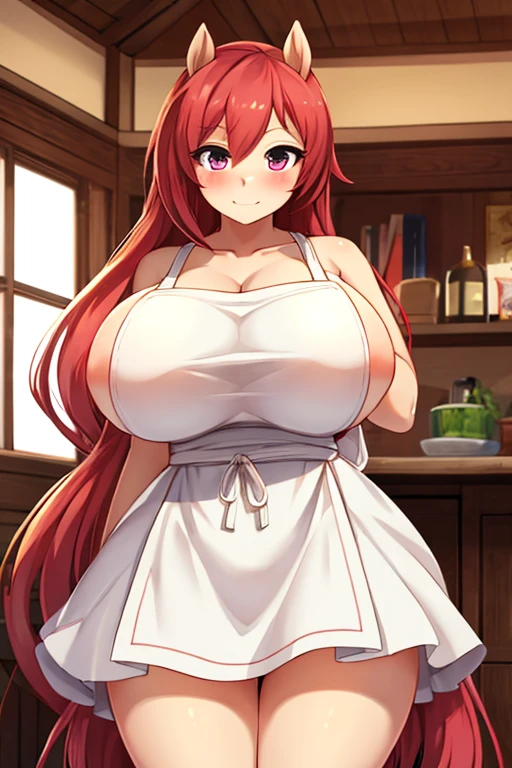 Best quality:1.3), large breasts, rounded breasts, shining breasts, naked, apron, cleavage, (side shot) standing, kitchen background, blushing:1.2, (see-though apron:1.2), niloudef,