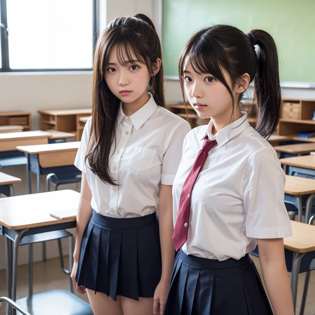 (in 8K、Raw photography、top-quality、masterpiece:1.2)、ultra-detailliert、Live-action girls、blurry backround、Girl sitting on the upper step of the stairs and looking at the camera on the lower step with a smile、Realistic Japan schoolgirl wearing realistic Japan schoolgirl uniform、Beautiful black hair、Wearing a white blouse、Wear a blue bow tie around your neck、Wearing a short pleated skirt of a realistic Japan high school girl uniform with sky blue check on light gray、Raw foto、Real teenage girl face and human skin in delicate details、Angle from below looking up at the girl from the bottom of the stairs、