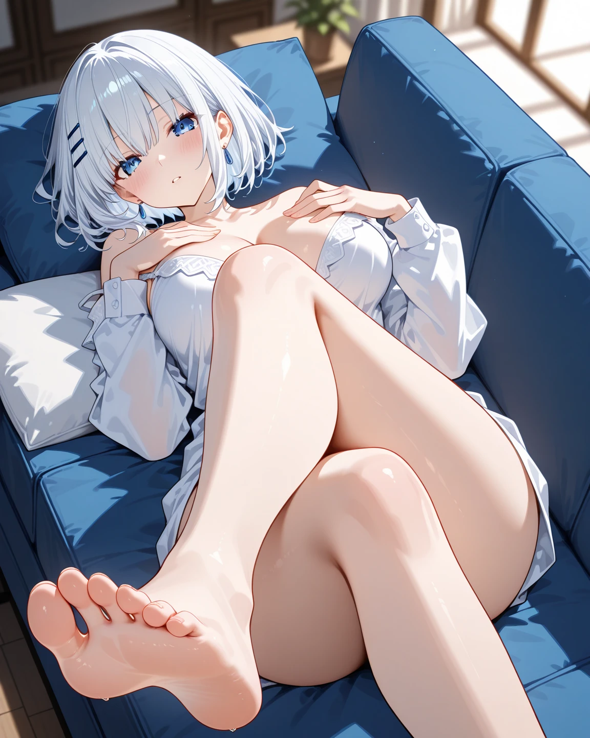 1girl,(White hair:1.3),White eyes,(light blue hair),(Sarashi),kimono,(big breast),Androgynous,leg,(knee up), barefoot,medium hair,hair,bare shoulder,foot focus,masterpiece,best quality,very aesthetic,absurdres,front view,looking at viewer