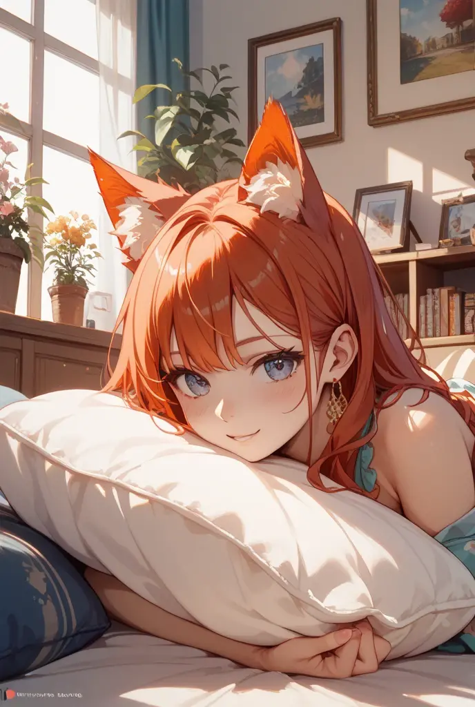Room wear,fun,Coffee cup,anime girl, one girl,small details, 4k, 8K, 12k,beautiful girl, white woman, , Cat ear, luxury room,Tenjiku bed,red hair,(((highest quality))),((detailed and beautiful eyes)),(eyelash),smile,anime girl, azur lane style, From the Azur Lane video game, Trending on Art Station Pixiv, very beautiful anime cat girl, Cat earのanime girl, splash art anime , It&#39;s trending on pixiv, anime moe art style